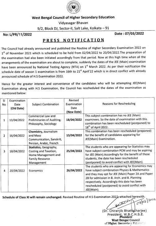 WBCHSE released a revised date sheet for the class 12 state board exam